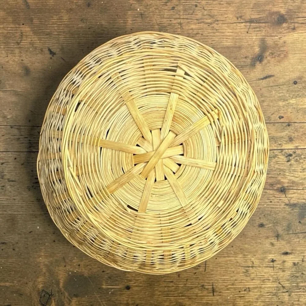 Handmade Round Beige Wicker Basket 12 in Rustic Farmhouse Decor Freestanding